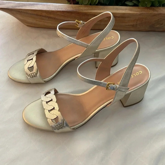 Cole Haan Josie Chain Strap Block Heel Sandal size 11 soft gold color heels NWT - Picture 8 of 8
